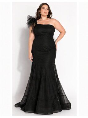 SHERRI HILL Black Tulle Trumpet Bow Sleeve Maxi Dress Gown